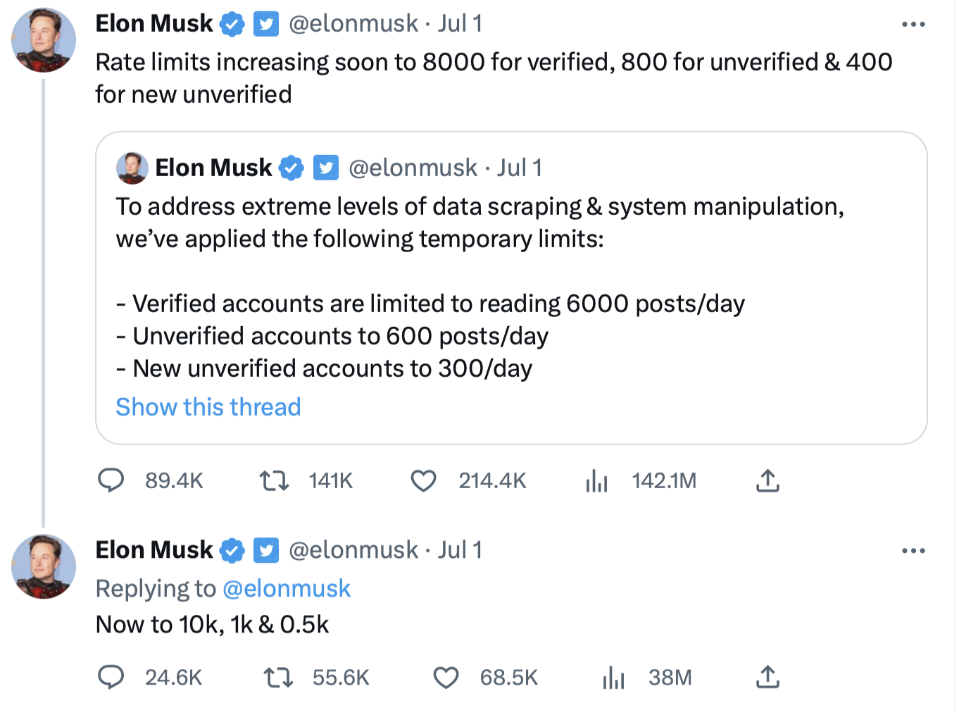 Elon Musk Tweet on Rate Limiting